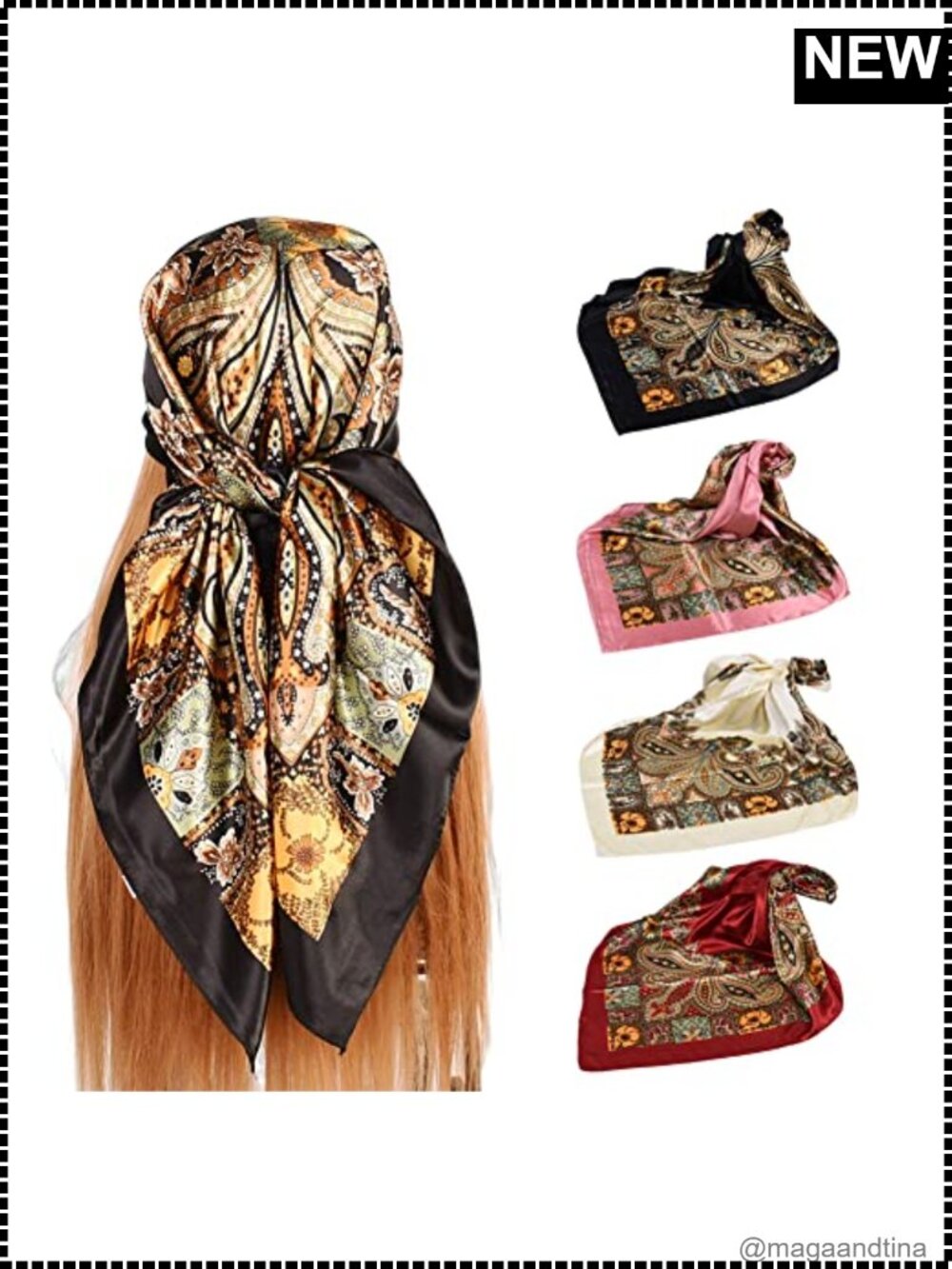 Large Square Silk Feel Satin Hair Scarf 4 Pack 35 Inch Paisley Bandana Wrap